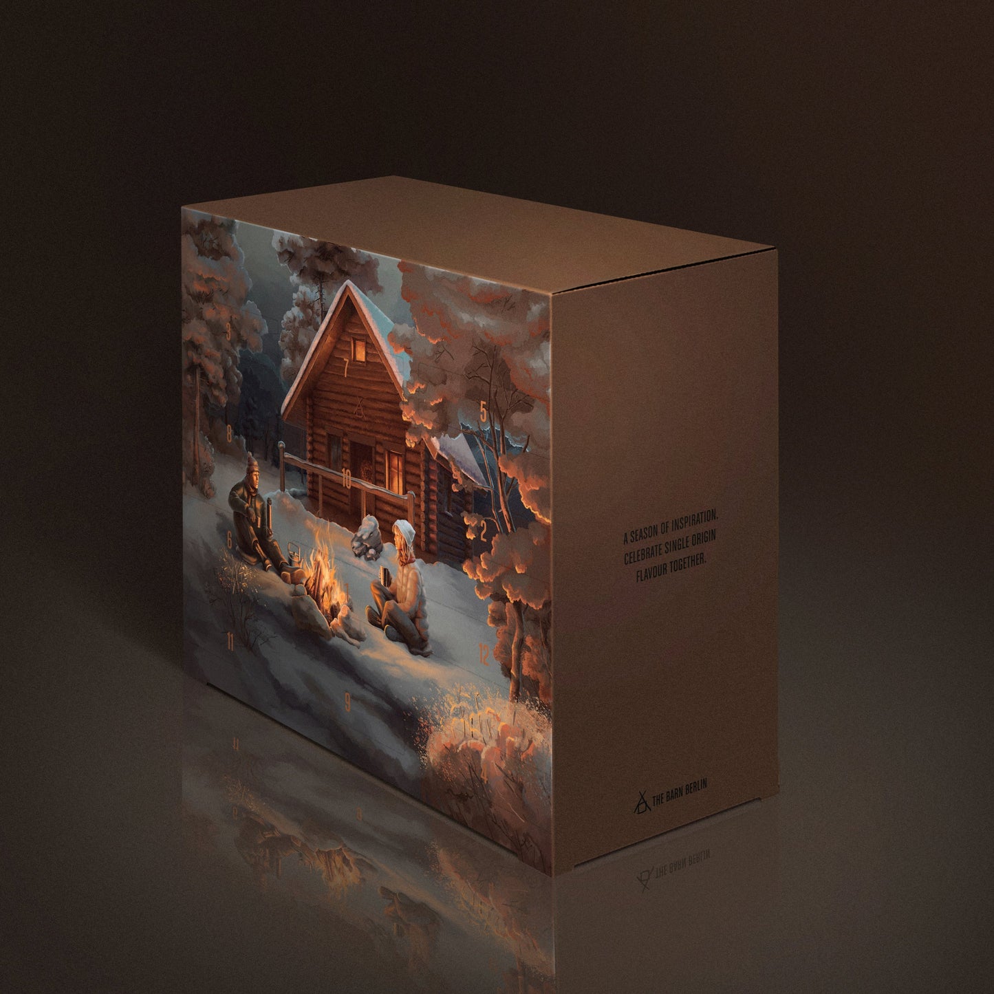 2025 Coffee Advent Calendar with a winter scene illustration of a cabin and people around a fire.