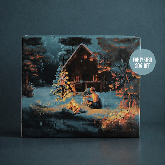 A square coffee advent calendar box featuring a winter cabin scene with a person by a campfire in the snow, photographed against a dark gray background. A circular badge on the right reads 'EARLYBIRD 20€ OFF'.