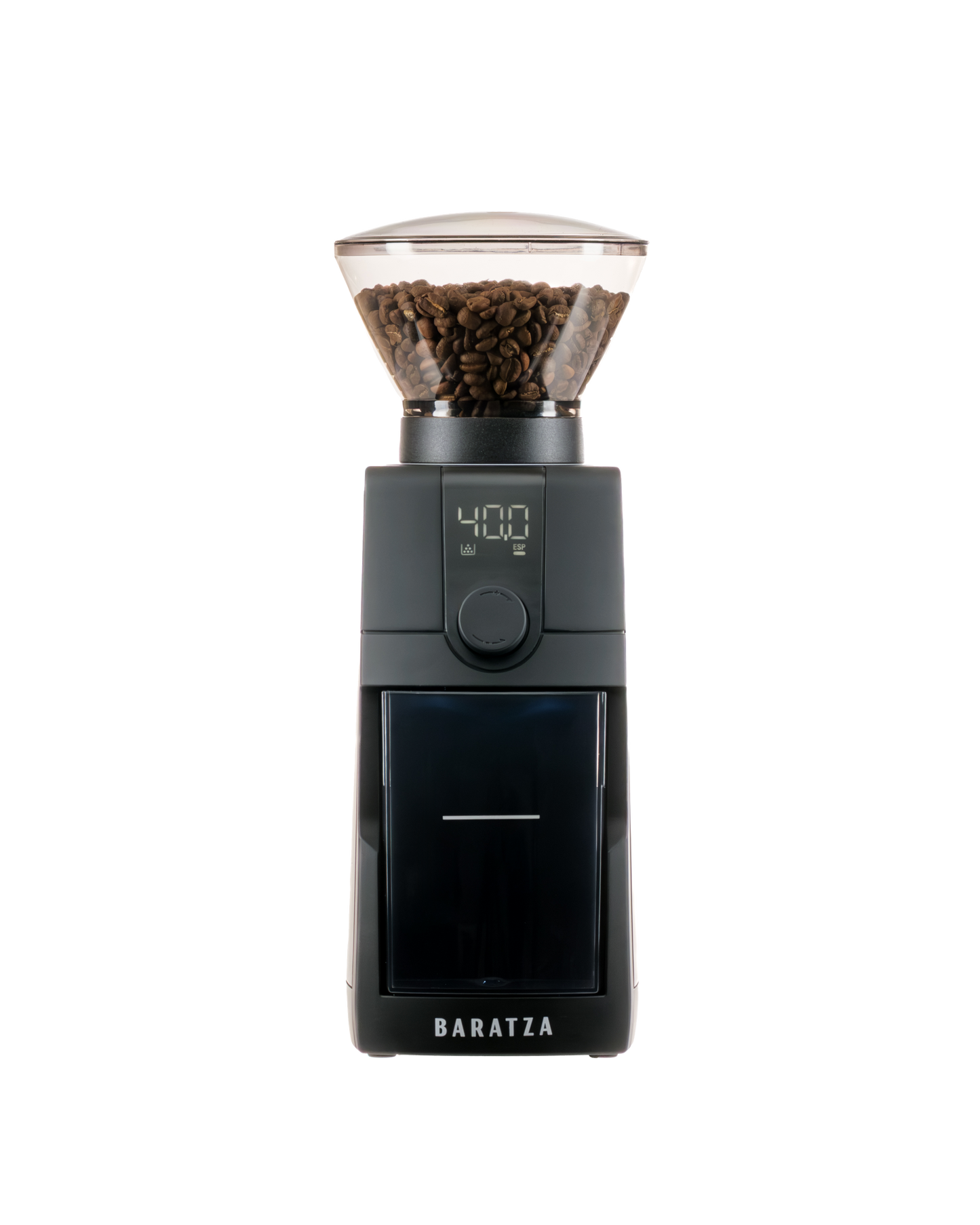 Baratza coffee grinder with digital display and coffee beans on a white background