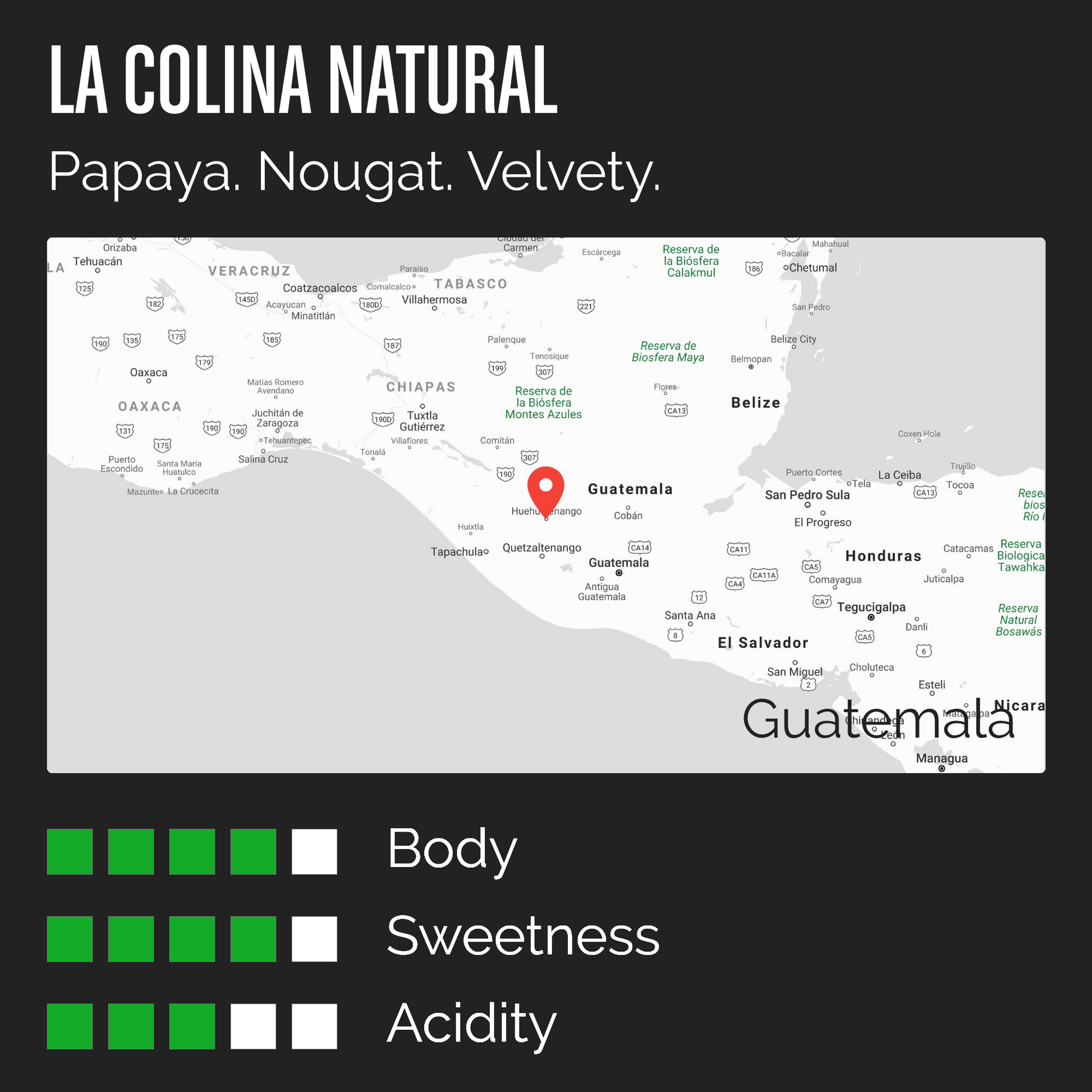 La Colina information card with flavour: Papaya. Nougat. Velvety.