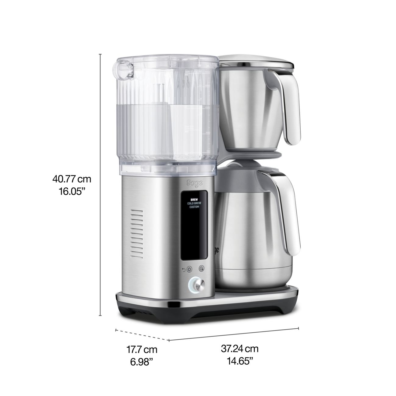 Sage Luxe Brewer™ Thermal coffee maker with dimensions labeled on a white background