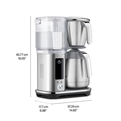 Sage Luxe Brewer™ Thermal coffee maker with dimensions labeled on a white background