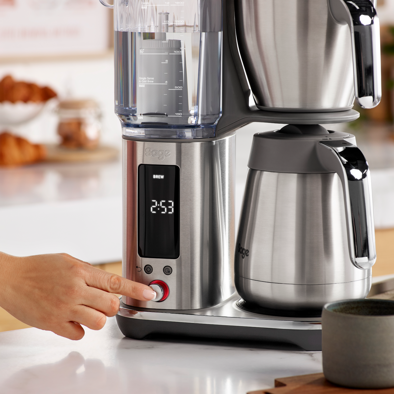 Sage Luxe Brewer™ Thermal coffee maker with digital display on a kitchen counter