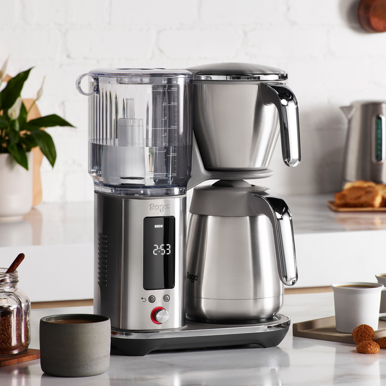 Sage Luxe Brewer™ Thermal Coffee  Maker on a kitchen counter with a digital display