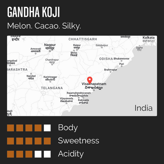 Information card with flavour notes for Gandha Koji coffee
