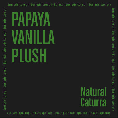 Text design with 'PAPAYA VANILLA PLUSH' and 'Natural Caturra' on a black background with 'funky' text.