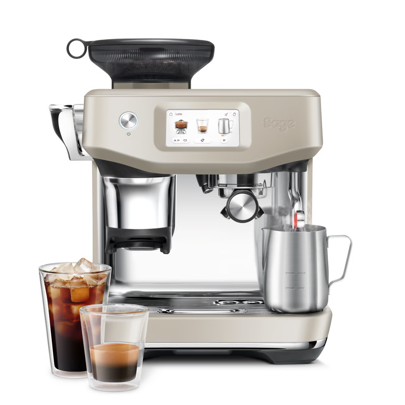 SAGE BARISTA TOUCH IMPRESS – WITH COLD EXTRACTION espresso machine in Almond Nougat with iced coffee and milk frother.