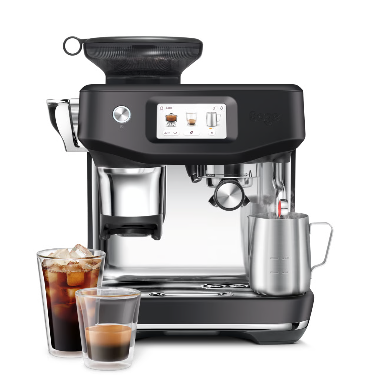 SAGE BARISTA TOUCH IMPRESS – WITH COLD EXTRACTION espresso machine in black stainless steel with cold coffee drinks.