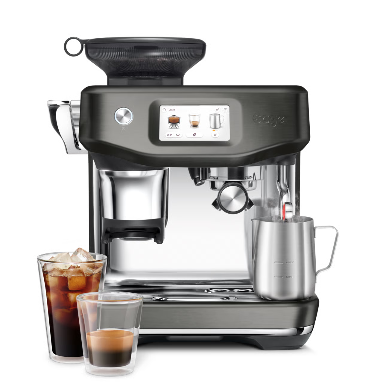 SAGE BARISTA TOUCH IMPRESS – WITH COLD EXTRACTION espresso machine in Black Truffle with iced coffee drinks.
