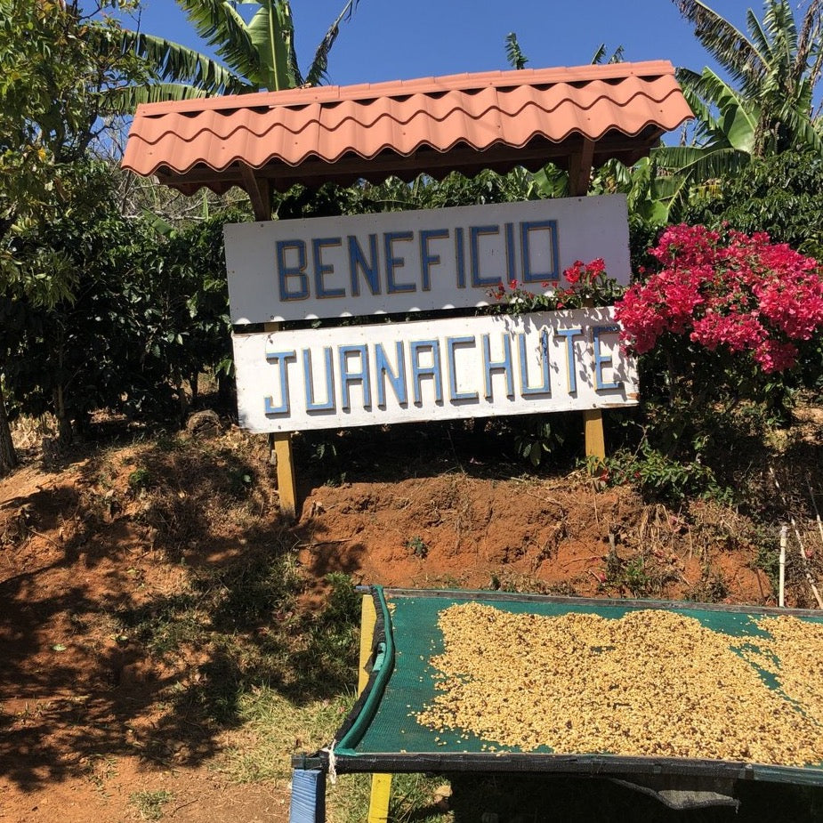 Juanachute sign and coffees drying